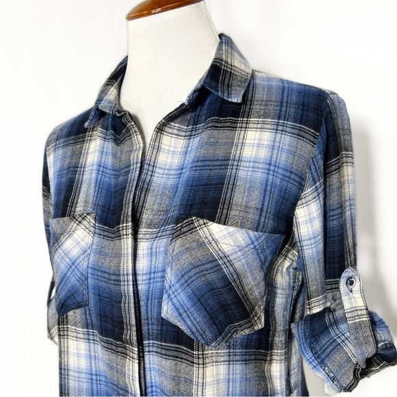 Anthropologie Blue Plaid High Low Fringe Hem Roll Sleeve Buttondown Shirt - Picture 8 of 12